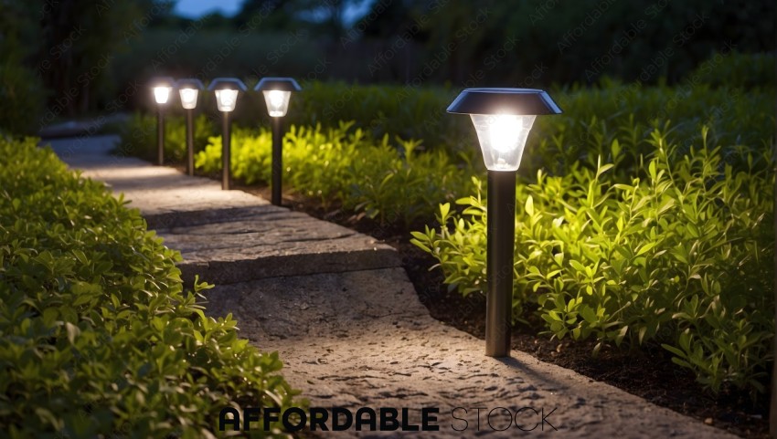 Illuminated Garden Pathway at Night