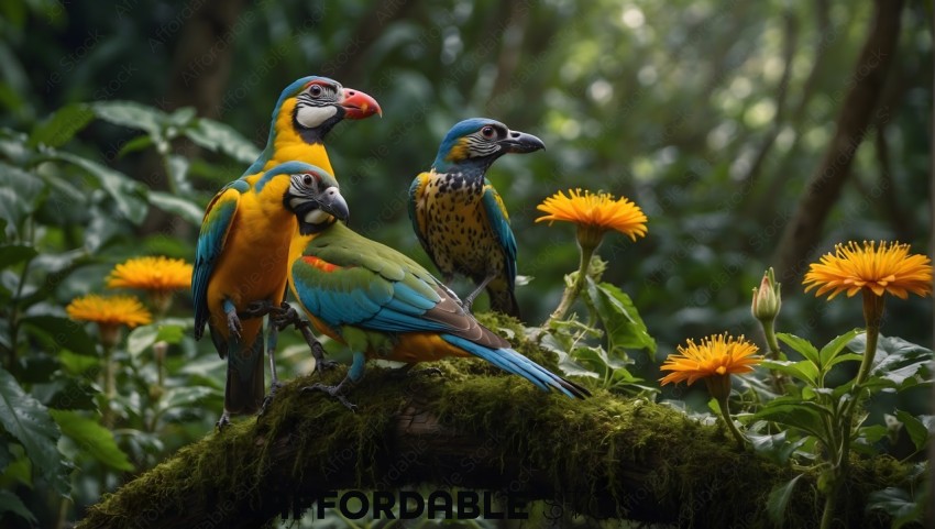 Colorful Parrots on Mossy Branch