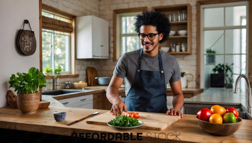 Smiling Man Preparing Salad in Kitchen