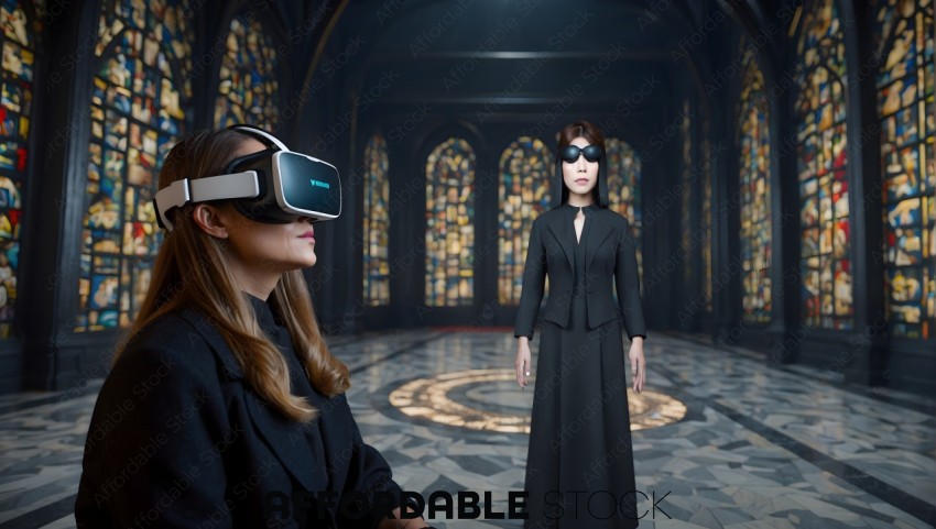Woman Experiencing Virtual Reality in Historic Setting