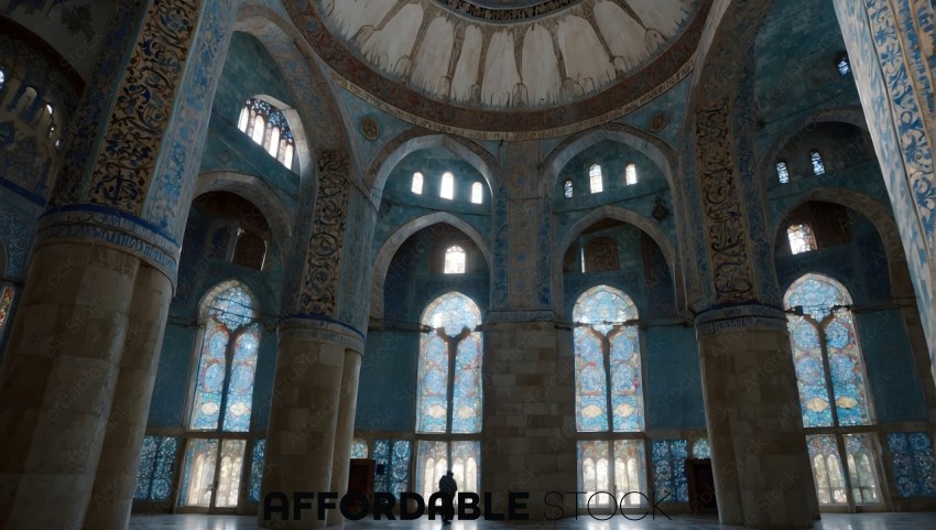 Intricate Mosque Interior with Stained Glass Windows