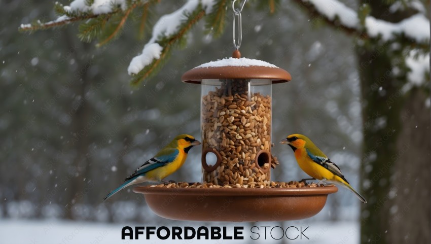 Colorful Birds at a Winter Feeder