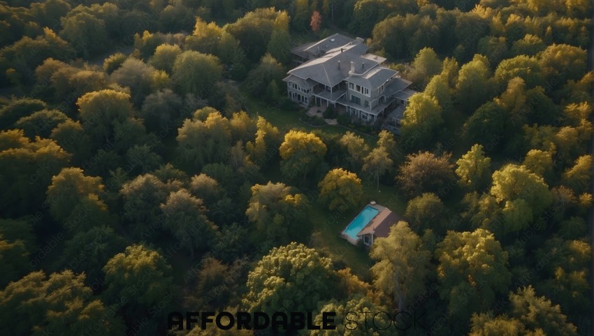 Luxurious House Aerial View Amid Autumn Trees