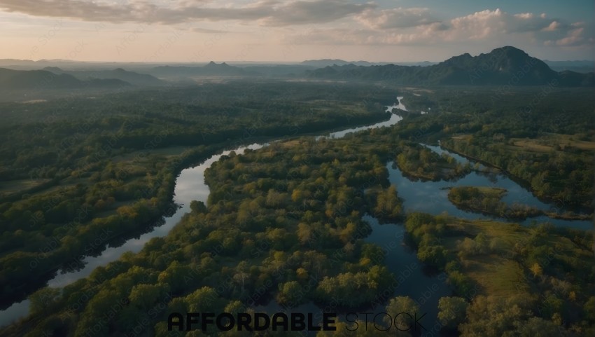 Aerial View of Serpentine River Through Lush Landscape