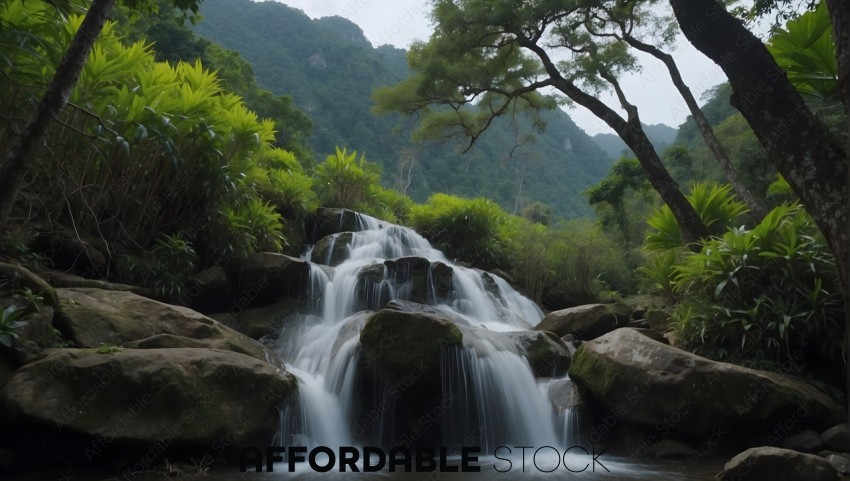 Tranquil Jungle Waterfall with Lush Greenery