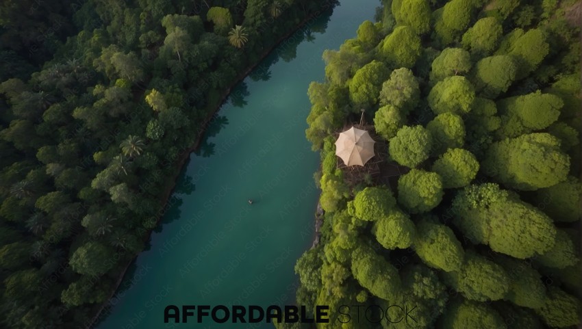 Aerial View of a River and Living Pods in a Tropical Forest