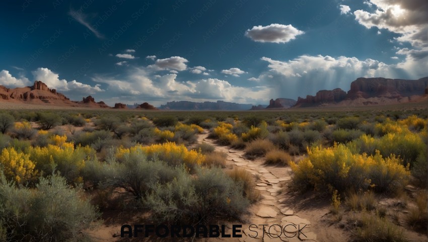 Desert Landscape with Sunbeams and Blooming Shrubs
