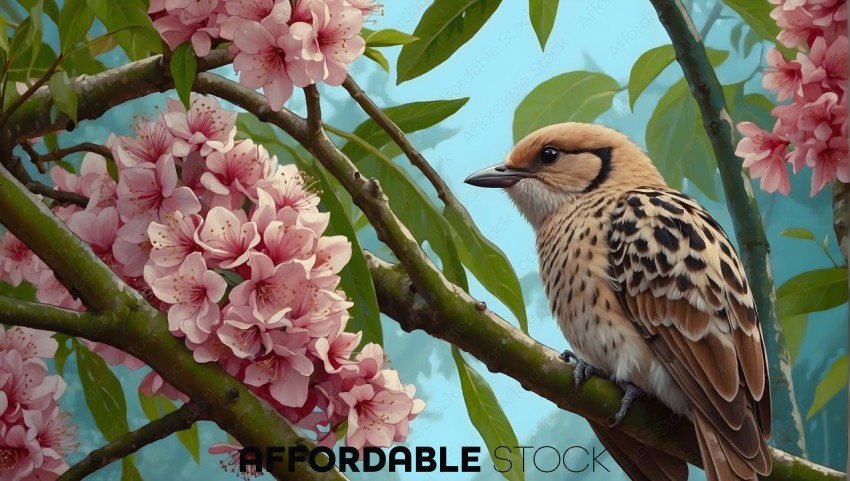 Digital Art of Bird on Cherry Blossom Branch