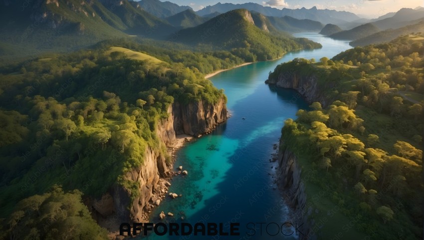 Aerial View of Serene River and Lush Forest Landscape