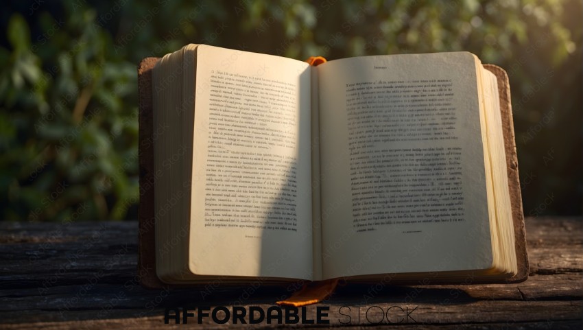 Open Book on Wooden Surface with Natural Backdrop