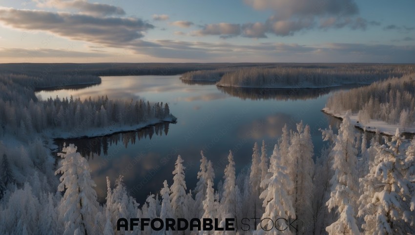 Winter Forest and Lake at Dawn