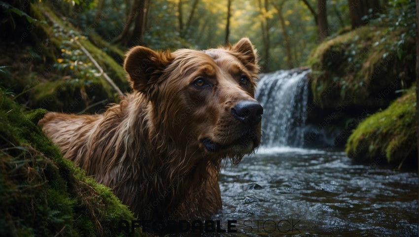 Golden Retriever by Waterfall in Lush Forest