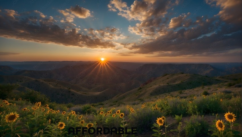 Sunset Over Sunflower Fields with Rolling Hills