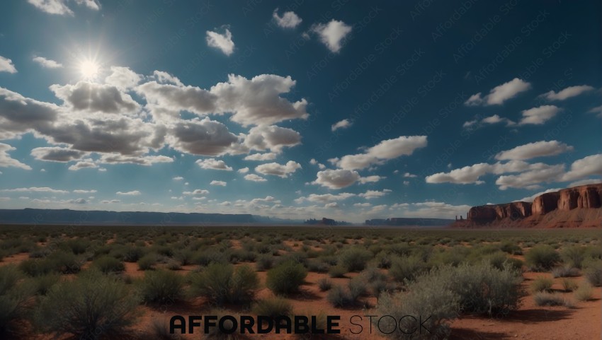 Sunny Desert Landscape with Fluffy Clouds