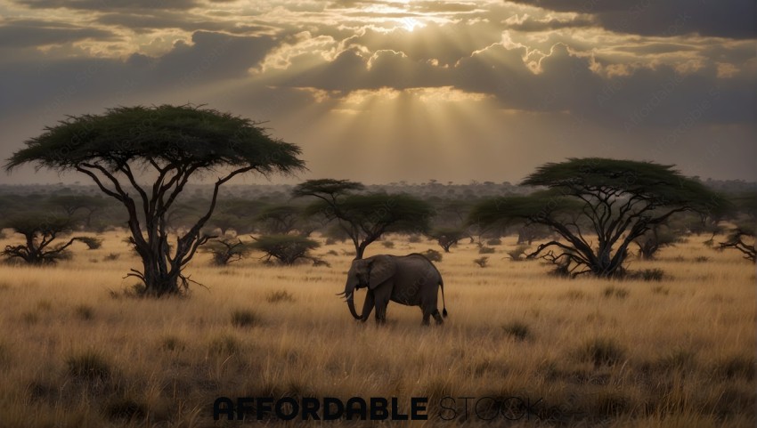 African Elephant in Savanna at Sunset