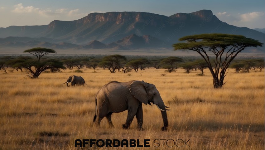 African Elephants Roaming the Grasslands at Sunset