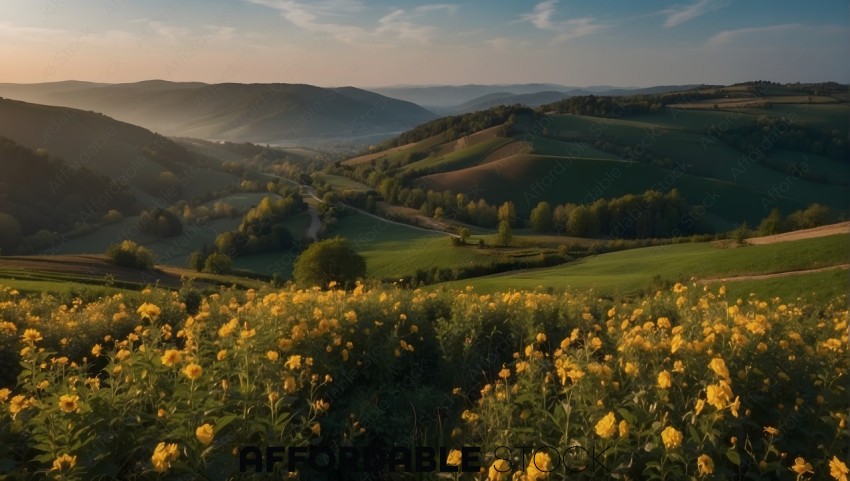 Sunset over Flower Fields with Scenic Landscape View