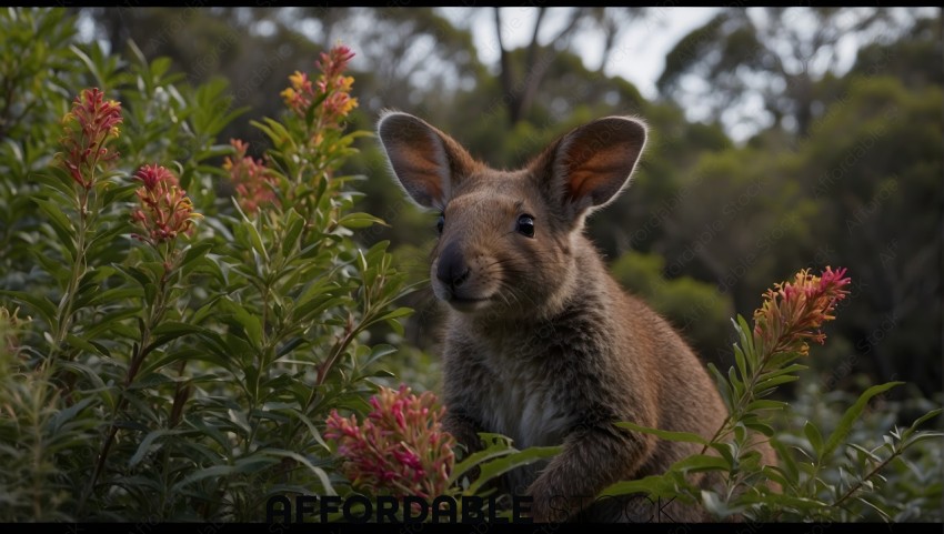 Curious Wallaby Among Floral Bushes