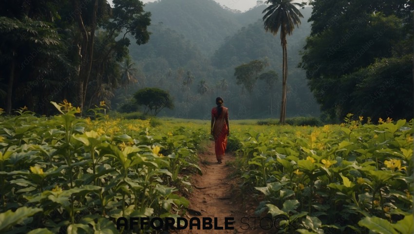 Woman Walking on Path Through Tropical Landscape