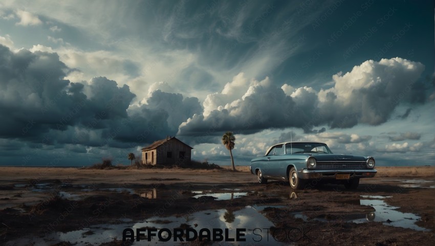 Vintage Car by Abandoned House Under Stormy Sky