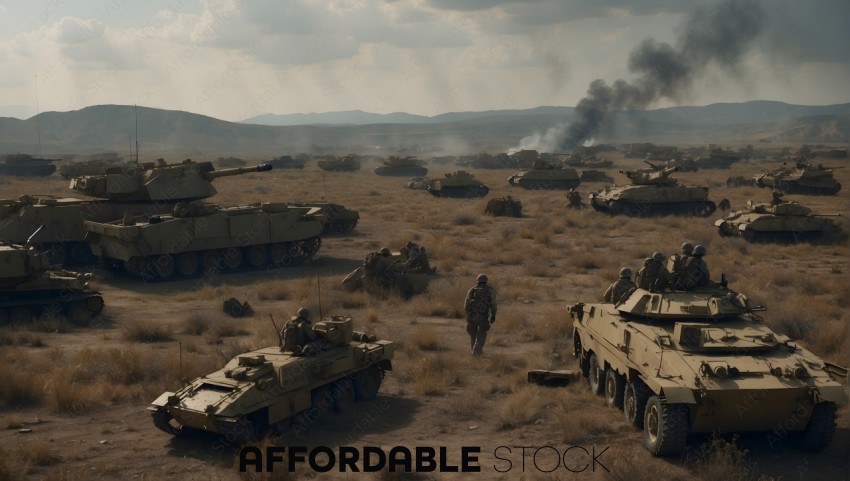 Military Armored Vehicles and Soldiers in Desert Training