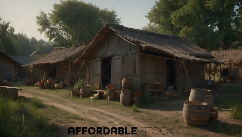 Rustic Village Wooden Huts with Traditional Pottery