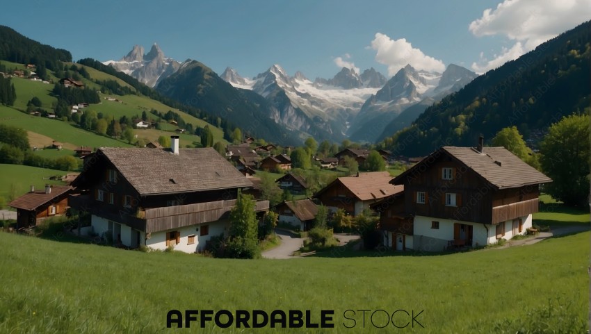 Alpine Village Landscape with Snowy Mountains