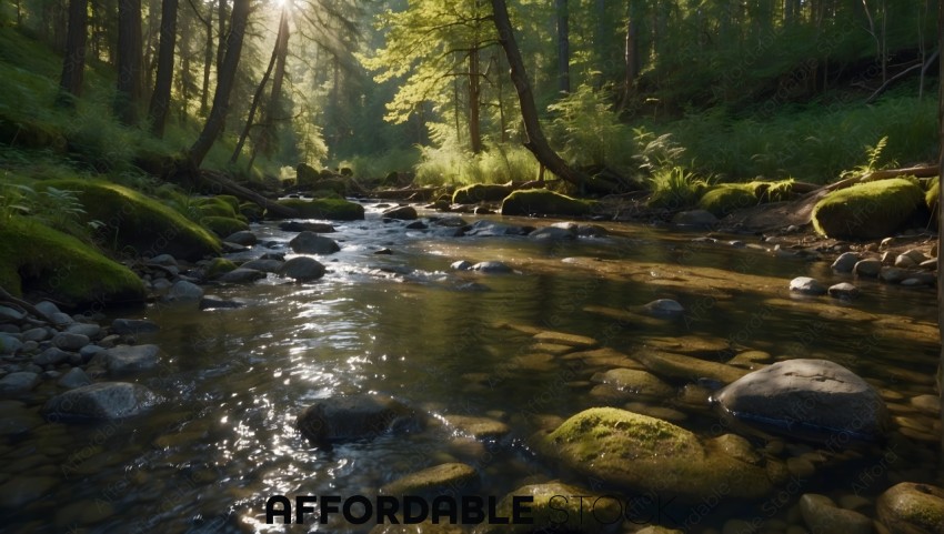 Serene Forest Stream with Sunlight