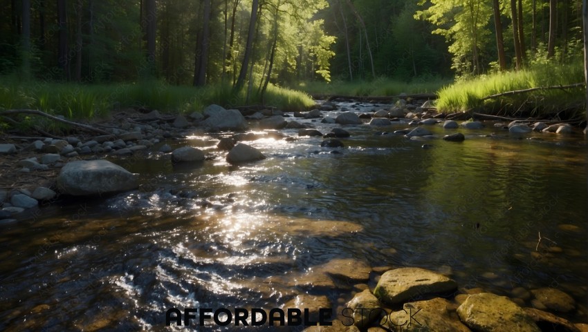 Sunlit Forest Stream with Rocks