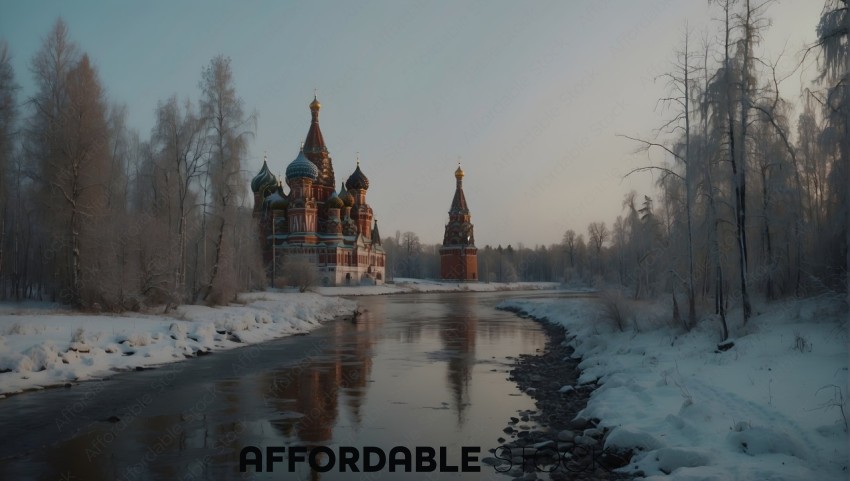 Winter Scene with Historic Cathedral by River