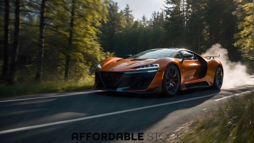 Orange Sports Car in Motion on Forest Road