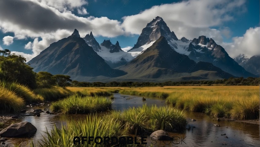 Majestic Mountain Range with Flowing River and Grassland