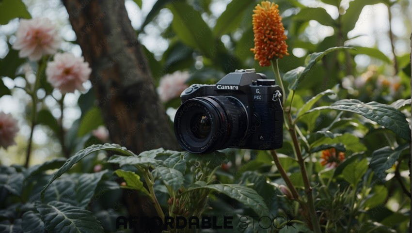 Professional Camera Amongst Blooming Flowers