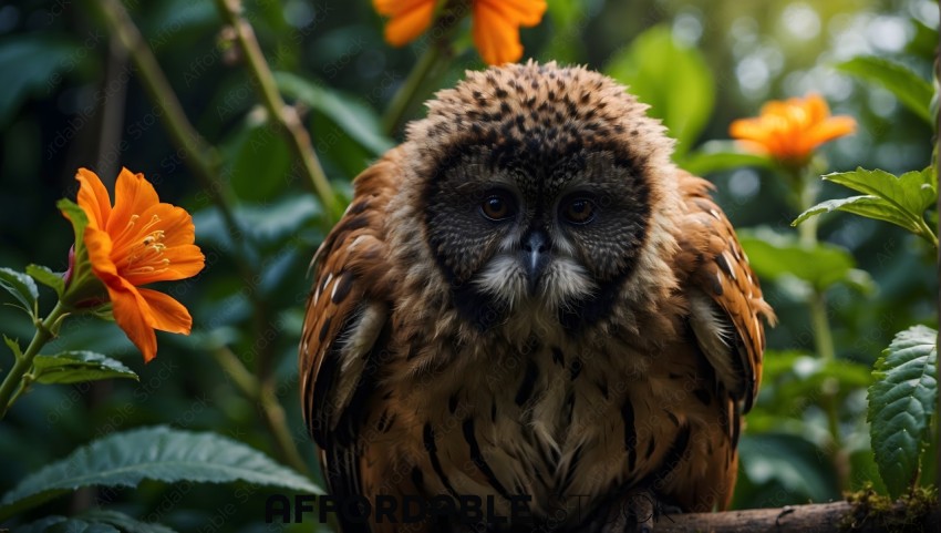 Close-up of a Brown Owl Amongst Greenery