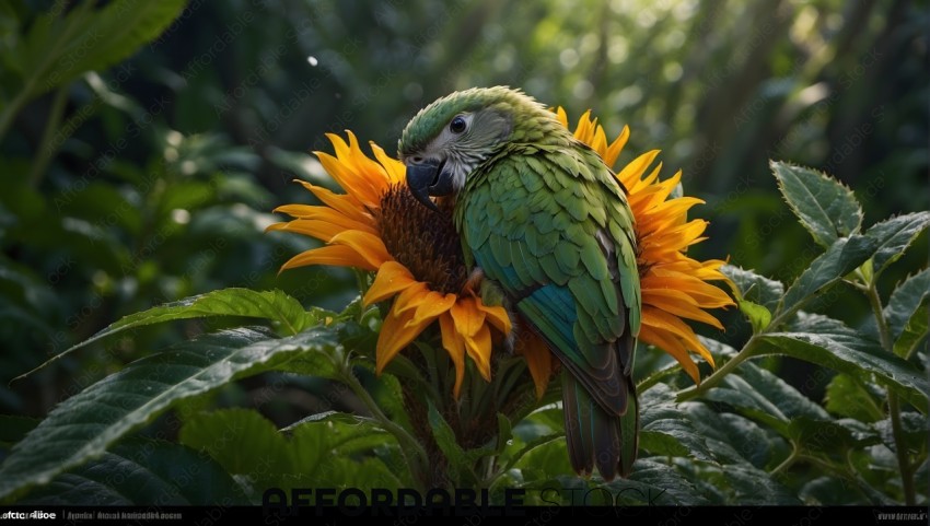 Green Parrot on Sunflower