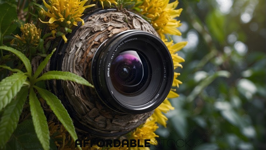 Camera Lens Among Yellow Flowers