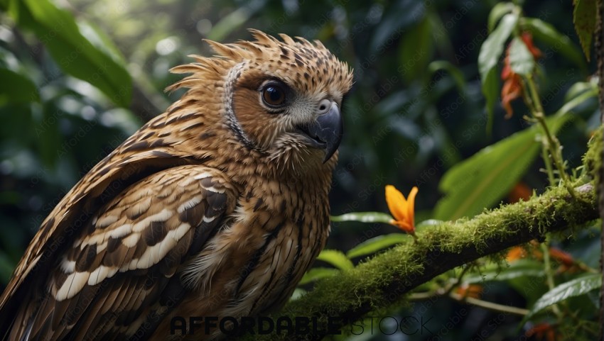 Close-Up of a Brown Feathered Owl on a Mossy Branch