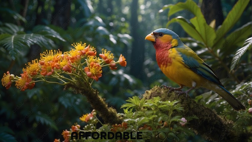 Colorful Bird on Flowering Plant