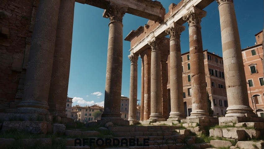Ancient Roman Columns Against Blue Sky