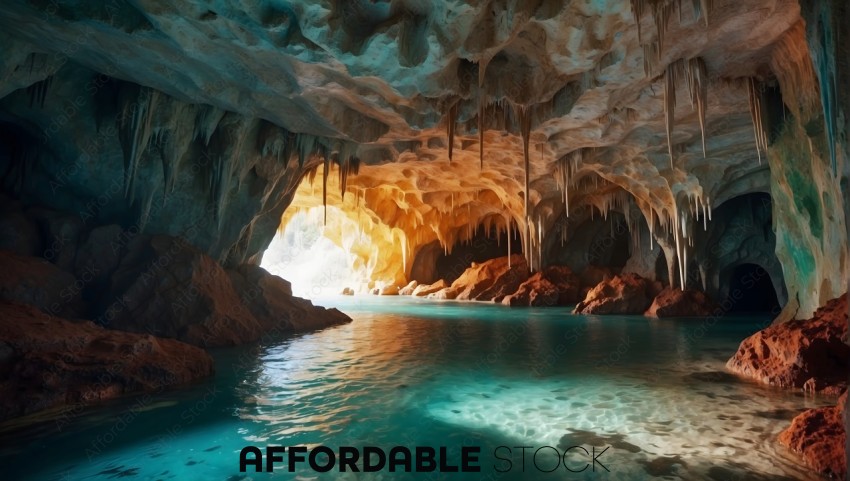 Mystical Cave Interior with Stalactites and Crystal Clear Water