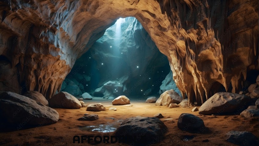 Mystical Cave Interior with Sunlight Beam