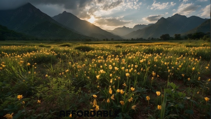 Sunset Over Yellow Bellwort Flower Field with Mountains