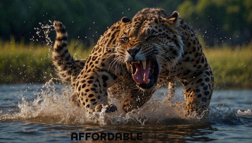 Fierce Leopard Splashing Through Water