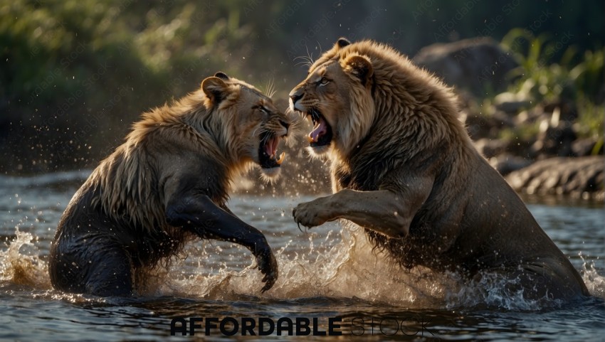 Lions Fighting in Water