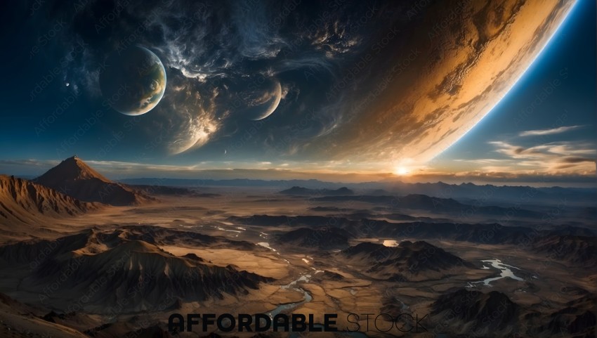 Extraterrestrial Landscape with Planets and Sunset
