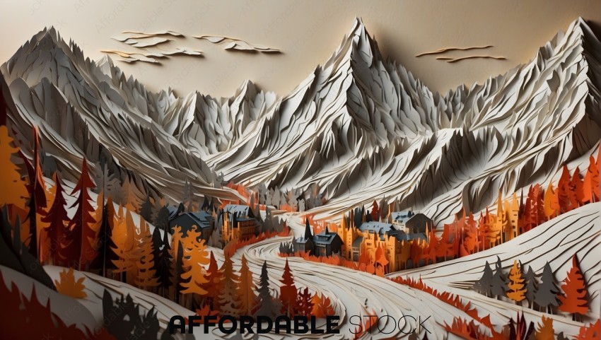3D Paper Art Mountain Village Landscape