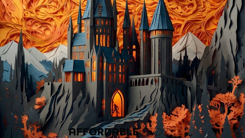 Fantasy Paper Art Castle with Fiery Sky