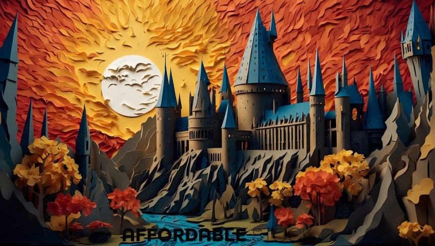 Fantasy Paper Castle Landscape at Sunset