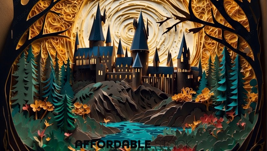 3D Paper Art of Fantasy Castle Landscape