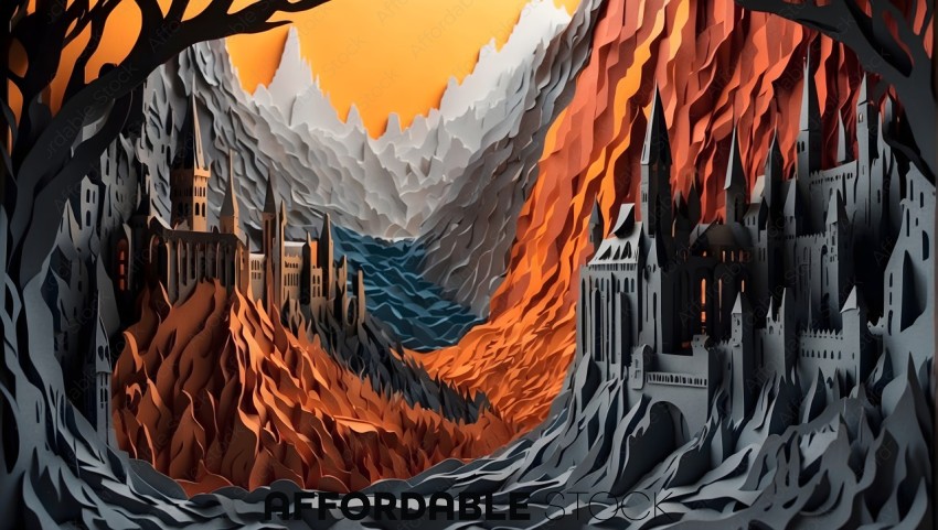 Paper Art of a Fantasy Landscape with Mountains and Castles